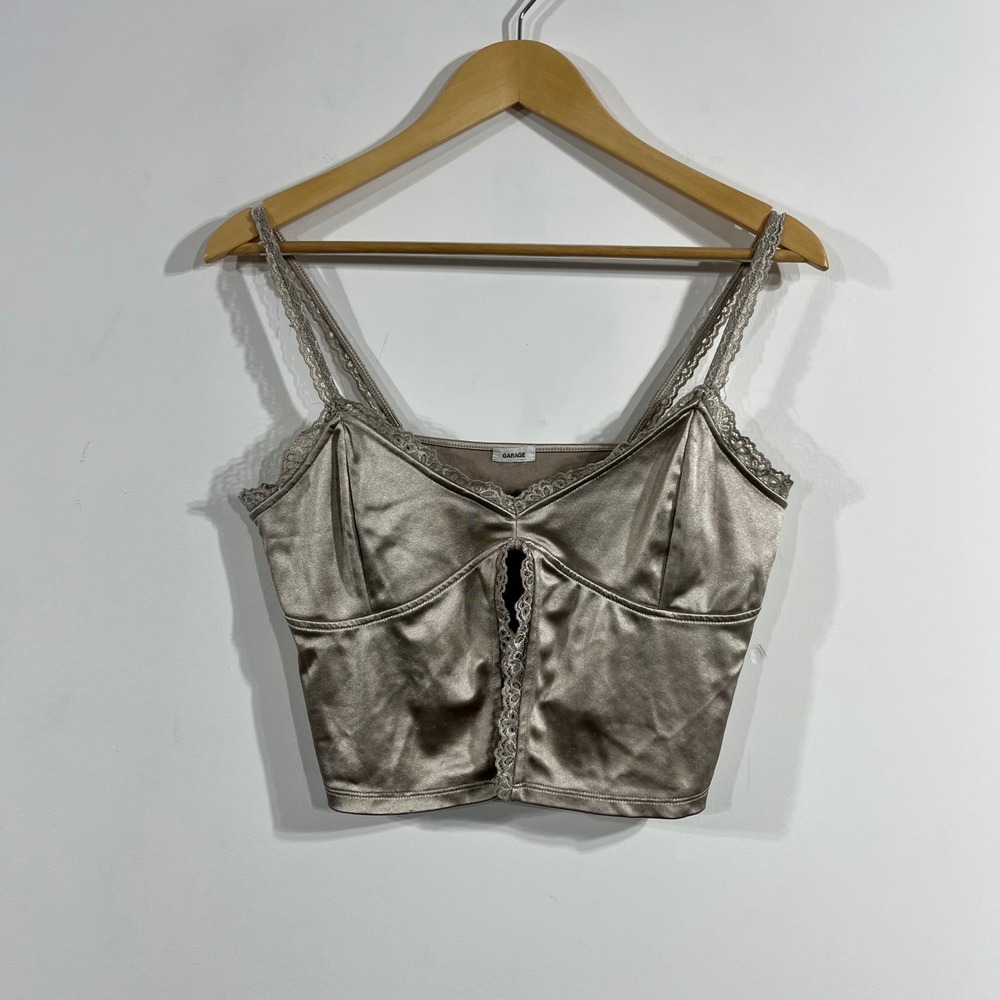 Garage Y2K Babydoll Satin Lace Trim Corset Cami Crop Top Womens Large Fairy Boho